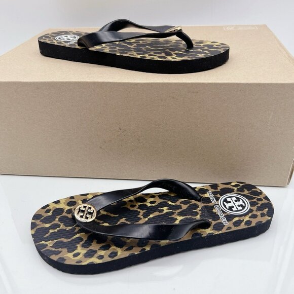 Tory Burch Eva Sole Flip Flops Black Leopard Print Logo Thong Sandal Womens US 5 - Picture 3 of 12